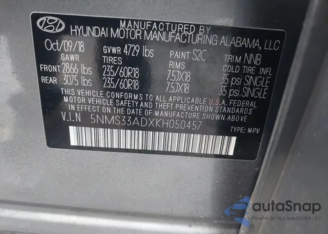 2019 Hyundai Santa Fe Sel Plus z USA, uszkodzony, nr VIN 5NMS33ADXKH050457